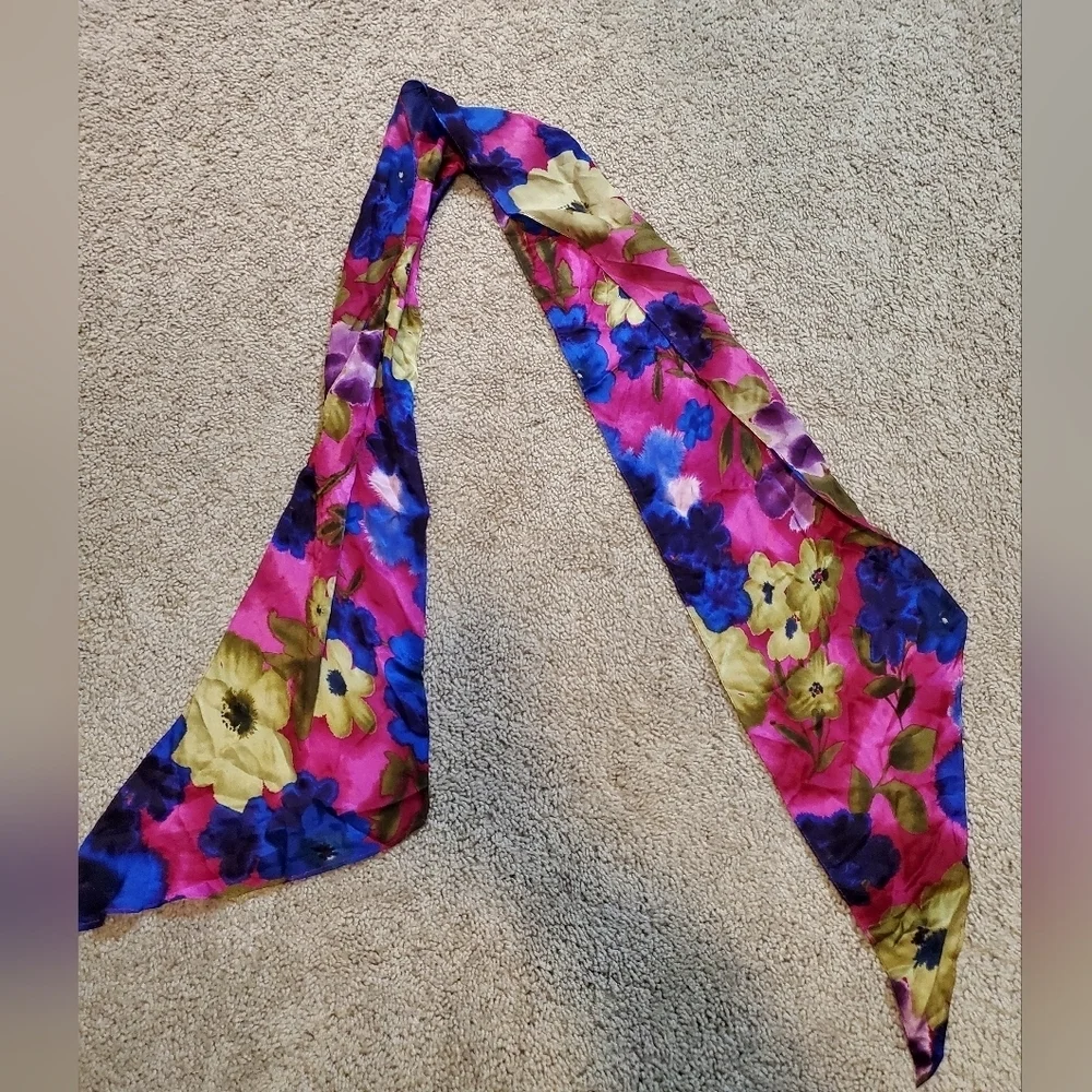Floral Silky Feeling Scarf - Pink and Blue with no brand or materials tag